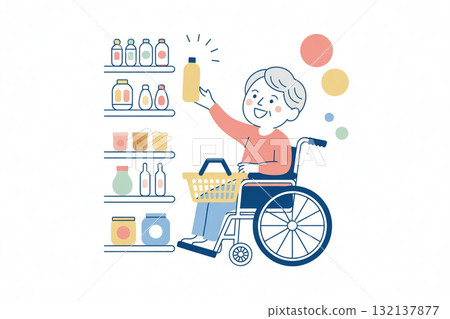 坐在輪椅上的男人在超市購物 多樣性 坐在輪椅上的男人在超市購物 多樣性 132137877