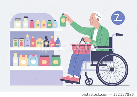 A man in a wheelchair shopping at a supermarket Diversity A man in a wheelchair shopping at a supermarket Diversity 132137886