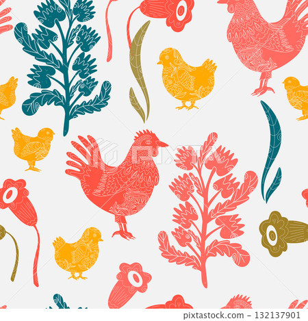 seamless pattern with roosters and chicken 132137901