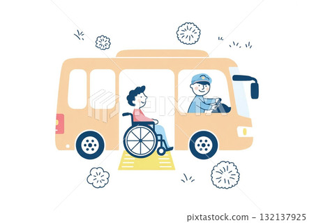 A wheelchair user boarding a bus and using the ramp A wheelchair user boarding a bus and using the ramp 132137925