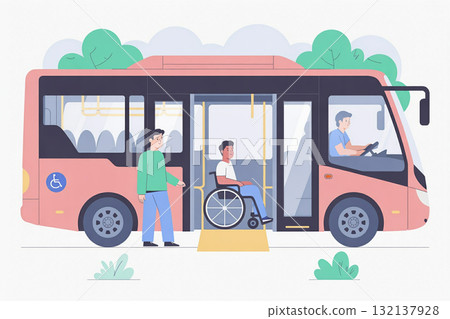 輪椅使用者登上公車並使用坡道 輪椅使用者登上公車並使用坡道 132137928