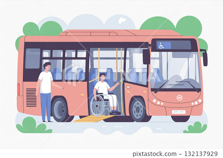 輪椅使用者登上公車並使用坡道 輪椅使用者登上公車並使用坡道 132137929