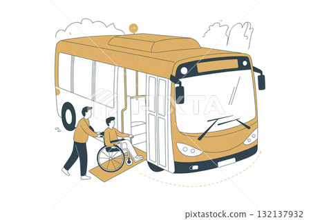 輪椅使用者登上公車並使用坡道 輪椅使用者登上公車並使用坡道 132137932
