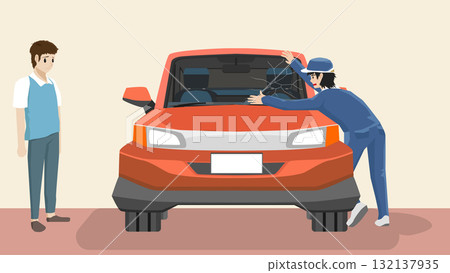 Concept Mirror front off car damage. Front window damaged by an accident. Mechanic looks shocked by the incident  While the driver stands sadly beside him. 132137935