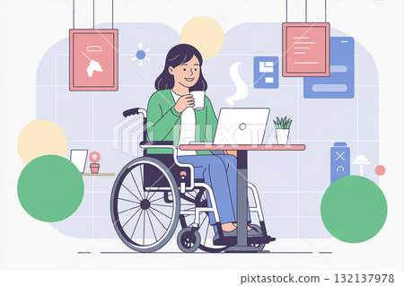 A woman in a wheelchair works remotely using a laptop in a cafe A woman in a wheelchair works remotely using a laptop in a cafe 132137978