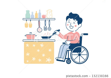 Man in wheelchair cooks in home kitchen, independent daily life Man in wheelchair cooks in home kitchen, independent daily life 132138166