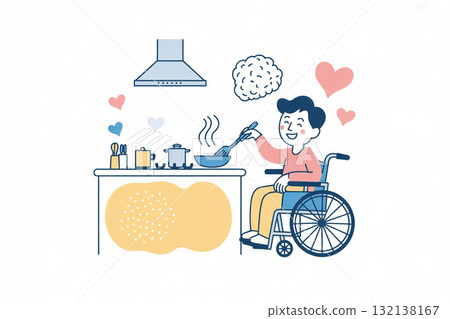 Man in wheelchair cooks in home kitchen, independent daily life 132138167