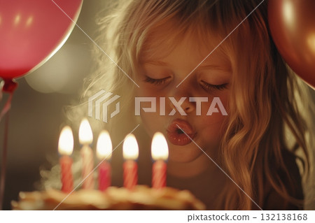 A little girl with long hair blows out candles on a birthday cake. Balloons are hung around it. The concept of advertising is related to holidays, childhood and family moments. Children's emotions 132138168