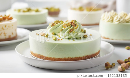 An elegant pistachio mousse cake with chunks and chopped nuts. A slice of creamy pistachio cheesecake with a nut garnish. An elegant pistachio mousse cake with chunks and chopped nuts. A slice of creamy pistachio cheesecake with a nut garnish. 132138185
