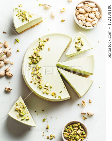 An elegant pistachio mousse cake with chunks and chopped nuts. A slice of creamy pistachio cheesecake with a nut garnish. An elegant pistachio mousse cake with chunks and chopped nuts. A slice of creamy pistachio cheesecake with a nut garnish. 132138186