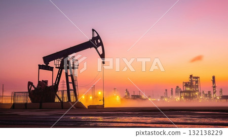 An oil rig and refinery against a bright sunset sky. Industrial landscape with oil pumps and oil rigs. Oil pumping rigs against a cityscape. 132138229