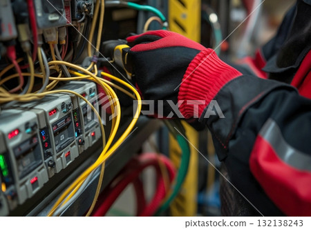 An electrician diagnoses electrical equipment on a control panel. The worker's hand is gloved. A technician troubleshoots electrical wiring using a multimeter. An electrician diagnoses electrical equipment on a control panel. The worker's hand is gloved. A technician troubleshoots electrical wiring using a multimeter. 132138243