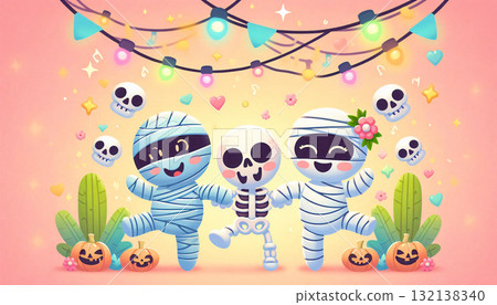 Cute mummy and skeleton dancing under pastel lights, cheerful vibe, blank area for text. 132138340