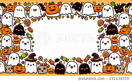Kawaii Halloween icons like ghosts, candies, pumpkins forming pattern border, blank space in center. 132138359