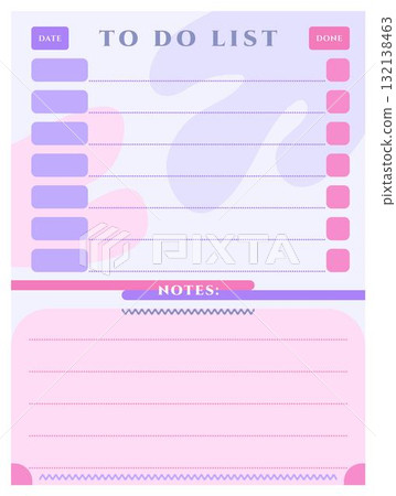 To do list, checklist vector template in modern style with fluid blobs and trendy colors. Bright weekly planner for 7 days, card with agenda blanc and notes 132138463