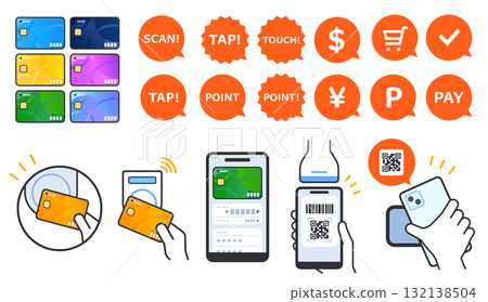 無現金、信用卡和二維碼支付向量插圖集 132138504