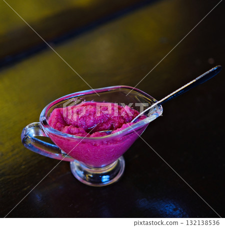 horseradish with beetroot Jar and bowl of horseradish sauce with horseradish roots on white background 132138536