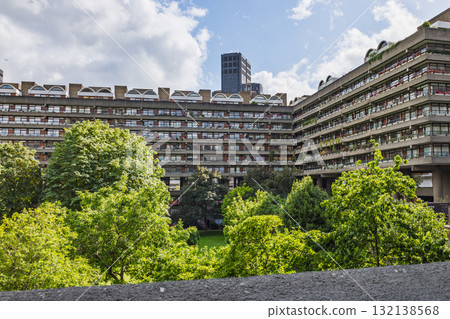 Barbican Estate, London - Brutalist architecture with gardens and stepped residential terraces Barbican Estate, London - Brutalist architecture with gardens and stepped residential terraces 132138568