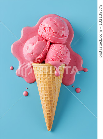Melting Strawberry Ice Cream Cone on Blue Background 132138578