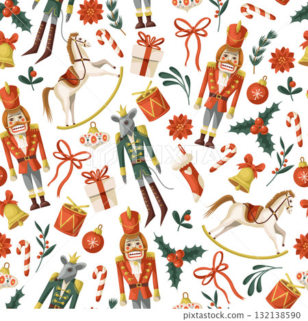Nutcracker Christmas holiday gifts decorations toys mouse horse candy cane vector isolated pattern 132138590
