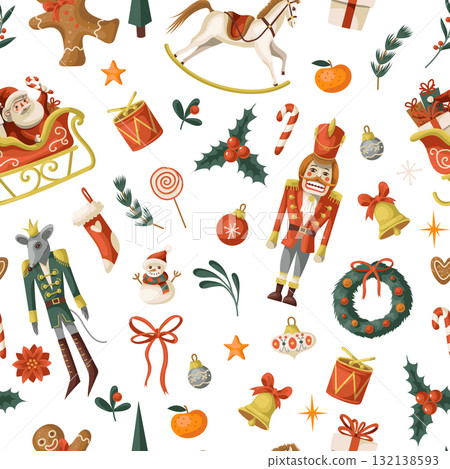 Nutcracker Christmas holiday gifts decorations toys mouse horse candy cane vector isolated pattern 132138593