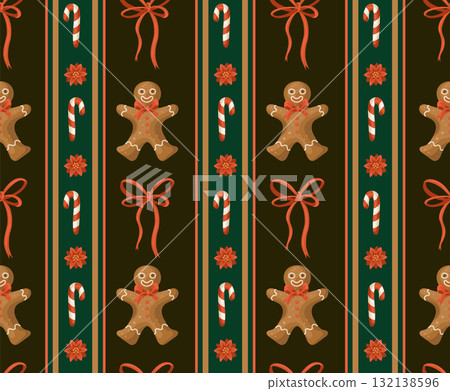 Christmas gingerbread man bow cookie star stocking bell poinsettia candy cane vector isolated pattern 132138596