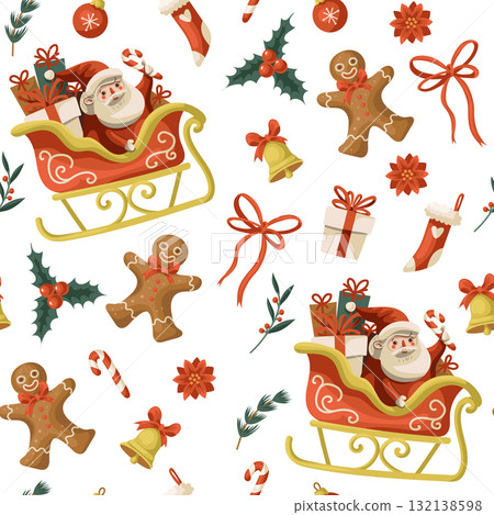 Christmas gingerbread man bow cookie star stocking bell poinsettia candy cane vector isolated pattern Christmas gingerbread man bow cookie star stocking bell poinsettia candy cane vector isolated pattern 132138598