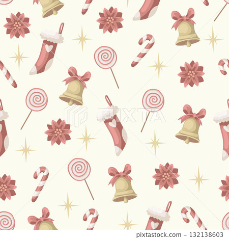 Christmas candy cane bow stocking bell flower star lollipop festive decoration vector isolated pattern Christmas candy cane bow stocking bell flower star lollipop festive decoration vector isolated pattern 132138603