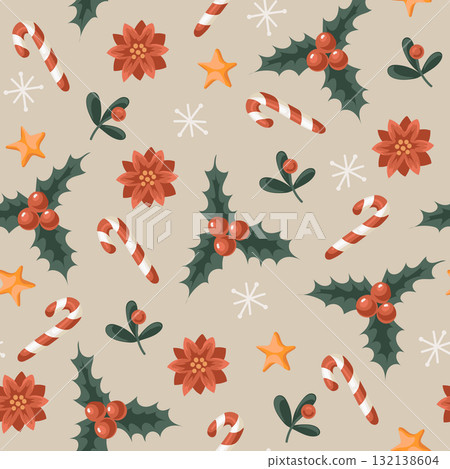 Christmas candy cane bow stocking bell flower star lollipop festive decoration vector isolated pattern Christmas candy cane bow stocking bell flower star lollipop festive decoration vector isolated pattern 132138604