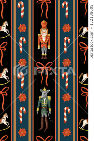 Nutcracker Christmas holiday gifts decorations toys mouse horse candy cane vector isolated pattern Nutcracker Christmas holiday gifts decorations toys mouse horse candy cane vector isolated pattern 132138605