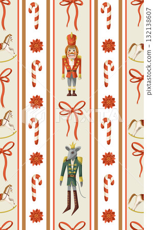 Nutcracker Christmas holiday gifts decorations toys mouse horse candy cane vector isolated pattern Nutcracker Christmas holiday gifts decorations toys mouse horse candy cane vector isolated pattern 132138607