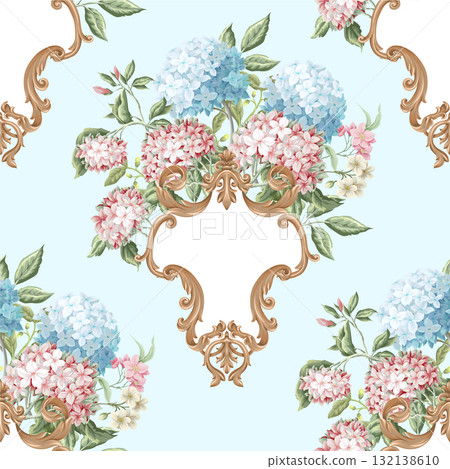 Victorian floral hydrangea baroque ornament luxury pattern vector seamless background. 132138610