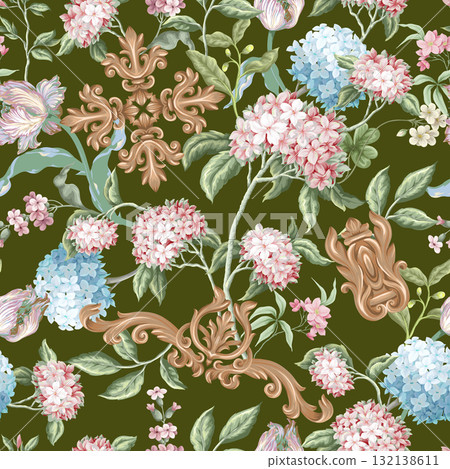 Victorian floral hydrangea baroque ornament luxury pattern vector seamless background. 132138611
