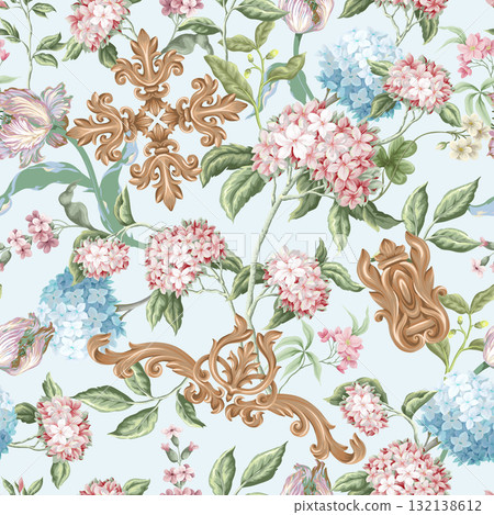 Victorian floral hydrangea baroque ornament luxury pattern vector seamless background. 132138612