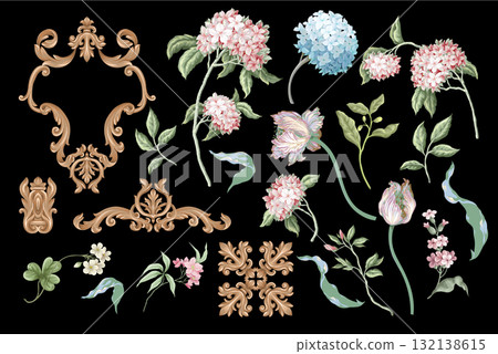 Victorian floral hydrangea and baroque elements isolated. Vector 132138615