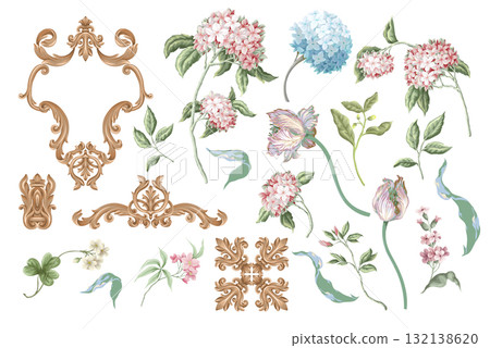 Victorian floral hydrangea and baroque elements isolated. Vector 132138620
