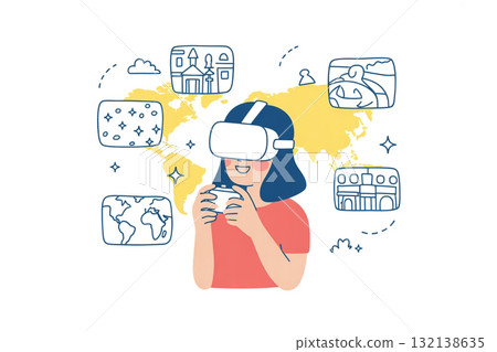 一位女士利用虛擬實境 (VR) 享受環球旅行 132138635