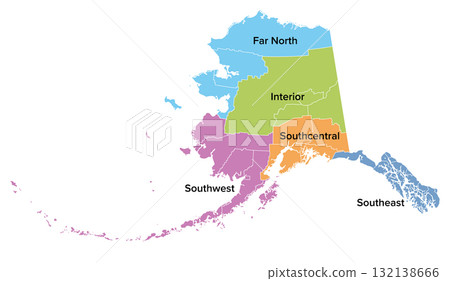 State of Alaska, regions, United States, multi colored political map. Far North or Arctic Alaska, Interior, Southwest with the Aleutian Islands, Southcentral, and Southeast or Alaska Panhandle. Vector State of Alaska, regions, United States, multi colored political map. Far North or Arctic Alaska, Interior, Southwest with the Aleutian Islands, Southcentral, and Southeast or Alaska Panhandle. Vector 132138666