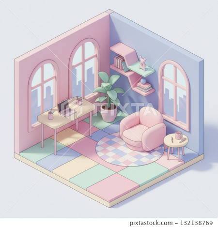 Soft pastel 3D isometric illustration of a cozy home office with a desk, laptop, armchair, books, and plant. Represents modern workspace design, remote work, and productivity. Vector illustration Soft pastel 3D isometric illustration of a cozy home office with a desk, laptop, armchair, books, and plant. Represents modern workspace design, remote work, and productivity. Vector illustration 132138769