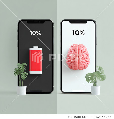 Creative concept showing smartphones with low battery and brain icon at 10, symbolizing digital burnout, fatigue, and mental energy drain.. Vector illustration 132138772