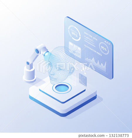 Futuristic AI system scanning 3D face with data screens showing skin tone and elasticity analysis. Concept of digital beauty tech and innovation.. Vector illustration 132138773