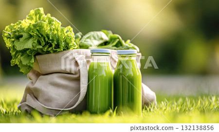 Fresh green vegetables and juice bottles in a natural setting, showcasing healthy lifestyle choices and vibrant organic produce for wellness Fresh green vegetables and juice bottles in a natural setting, showcasing healthy lifestyle choices and vibrant organic produce for wellness 132138856