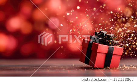 Red gift box with black ribbon surrounded by sparkling glitter on wooden surface, creating a festive atmosphere for celebrations and special occasions Red gift box with black ribbon surrounded by sparkling glitter on wooden surface, creating a festive atmosphere for celebrations and special occasions 132138863