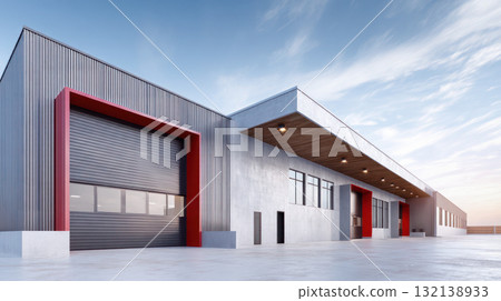 Modern industrial building exterior with large garage door and sleek design, showcasing contemporary architecture and urban environment 132138933