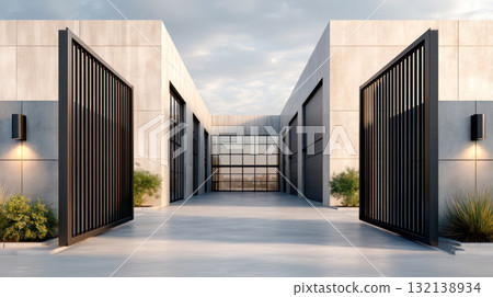 Modern architectural entrance with large gates and sleek concrete walls, showcasing contemporary design and inviting atmosphere for visitors 132138934