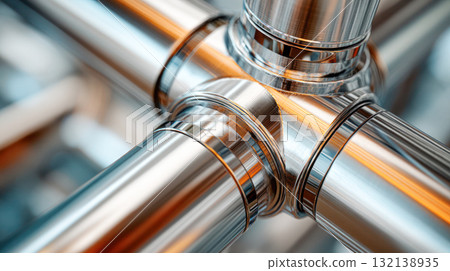 Close-up view of shiny metal pipes and fittings showcasing intricate details and craftsmanship in plumbing and industrial applications 132138935