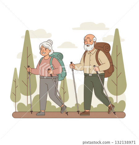illustration of a senior couple hiking in nature with backpacks and trekking poles. Symbolizes active lifestyle, healthy aging, fitness, and outdoor adventure for older adults. Vector illustration 132138971