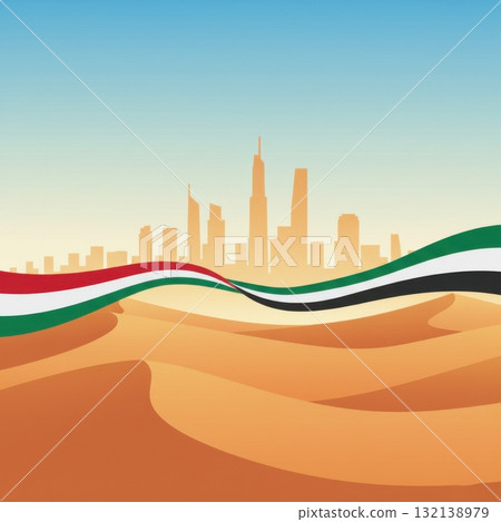 Modern vector illustration of the UAE skyline with golden desert dunes in the foreground and flowing UAE national flag colours. UAE National Day, culture, and heritage. Vector illustration 132138979