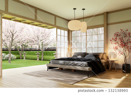 Japanese minimalist bedroom interior with shoji sliding doors and cherry blossom garden view 3D render 132138993