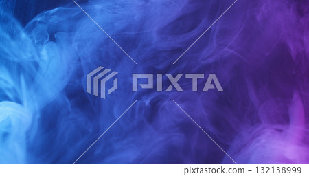 Neon steam. Color ink flow. Defocused blue purple smog texture splash liquid vapor spreading on abstract acrylic light background. 132138999